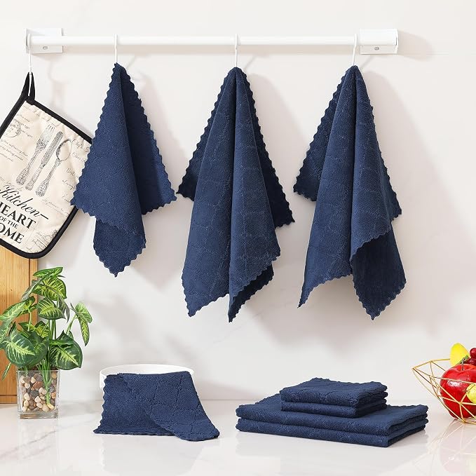 Homaxy Super Soft 12 Pack Kitchen Towels and Dishcloths Set, Navy Blue | Ultra-Absorbent, 10 x 10 and 13 x 19 Inches, Coral Velvet, No Lint, Nonstick Oil, Fast Drying, Microfiber Cleaning Cloth