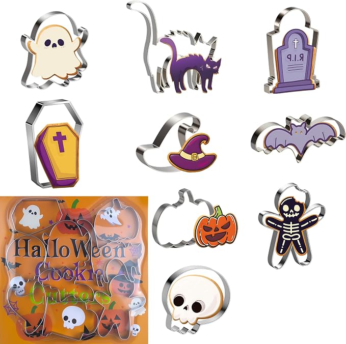 OHOME 9 PCS Halloween Cookie Cutters Kit Halloween Party Favors - Shaped in Bat Ghost Cat Pumpkin Coffin | Stainless Steel Halloween Party Decorations Food Baking Supplies for Kitchen