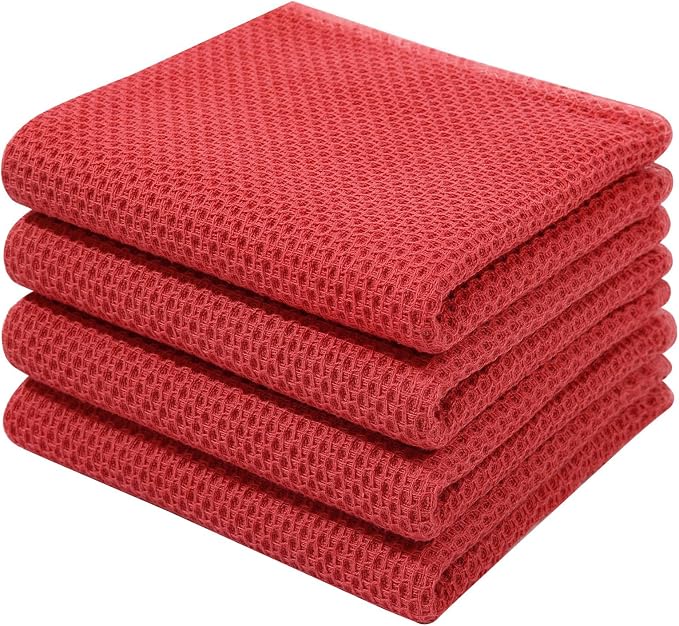 Homaxy 100% Cotton Waffle Weave Kitchen Dish Towels 4-Pack, Brick Red | 13 x 28 Inches, Ultra Soft Absorbent Dish Towels, Quick Drying Cleaning Towels
