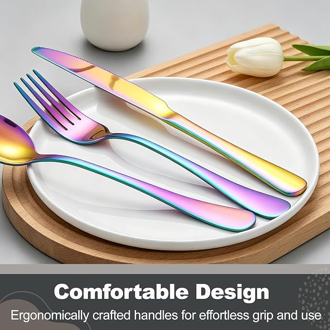 Runfly 60-Piece Rainbow Flatware Set, Stainless Steel Cutlery Set for 12 | Mirror Polished Durable Utensil Set Includes Knife Fork Spoon for Home Kitchen Restaurant Tableware