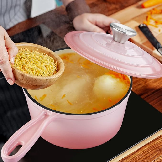 1 Quart Sauce Pan with Lid, Leonyo Small Cooking Pots, Enameled Cast Iron Cookware Set Simmer Pots for Kitchen Induction Boiling Soup, Bread, Ramen - Up to 500°F & Oven Safe, Pink