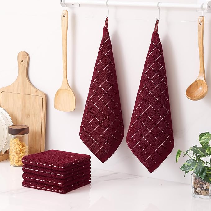 Homaxy 100% Cotton Terry Kitchen Dish Cloths, 12 Pack, Burgundy | Ultra Soft and Absorbent, Suitable for Drying and Washing Dishes