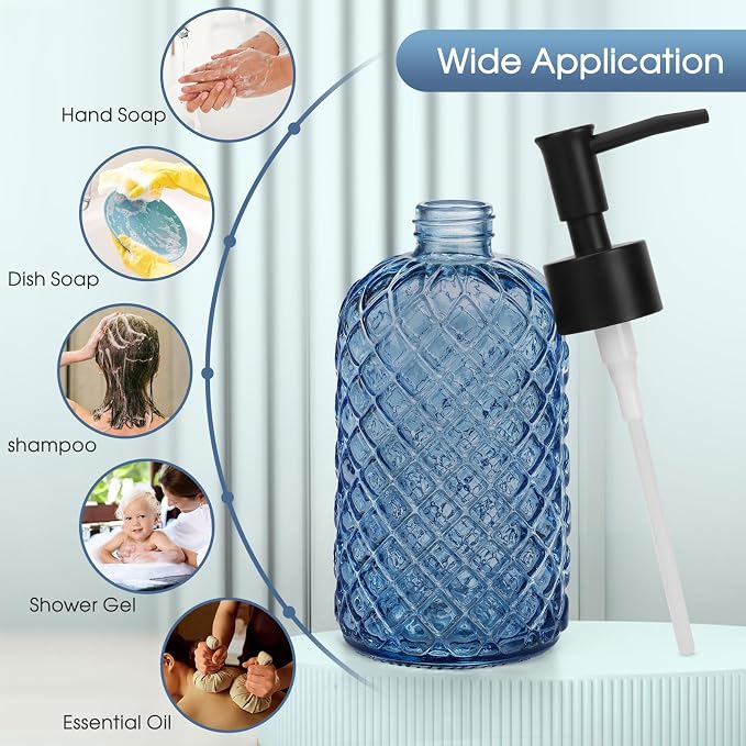 Topsky Gem Glass Soap Dispenser with Black Plastic Pump, 13oz Liquid Hand Soap Dispenser, Rustproof Pump for Kitchen & Bathroom, Great for Lotions, Essential Oil, Liquid Soaps-Blue