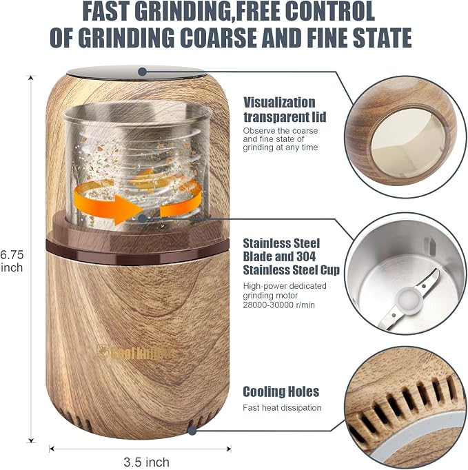 COOL KNIGHT Herb Grinder [large capacity/fast/Electric ]-Spice Herb Coffee Grinder with Pollen Catcher/- 7.5" (Wood grain)