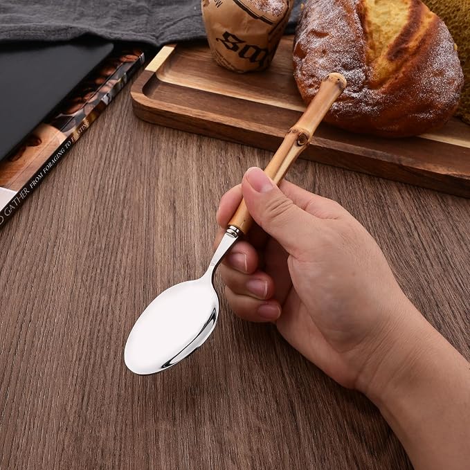 30PCS Silverware Set for 6, Bamboo Handle Flatware Set, Stainless Steel Cutlery Set for Home Restaurant and Party, Bamboo Forks Spoons and Knives Set, Polished Tableware