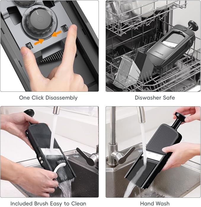 Jonscook All-in-1 Safe Mandoline Slicer for Kitchen, Vegetable Slicer with Container, Adjustable Veggie Mandoline, French Fry Cutter, Potato/Tomato/Onion Slicer, Grater/Cleaning Brush (Black Knight)