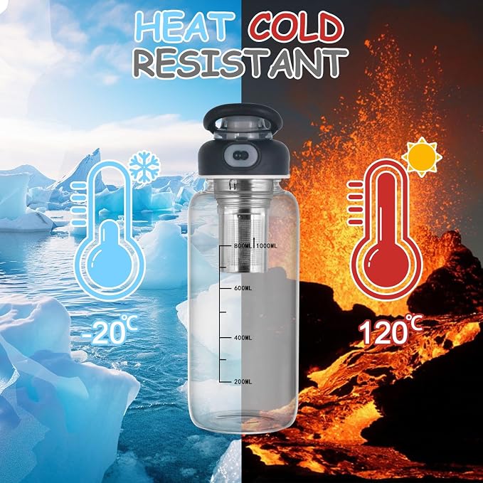 34oz tea bottle with infuser - Large Capacity Glass Water Bottle, With Time Mark, Stainless Steel Tea Strainer,Sleeve, BPA Free,For hot or cold drinks, coffee, tea and water