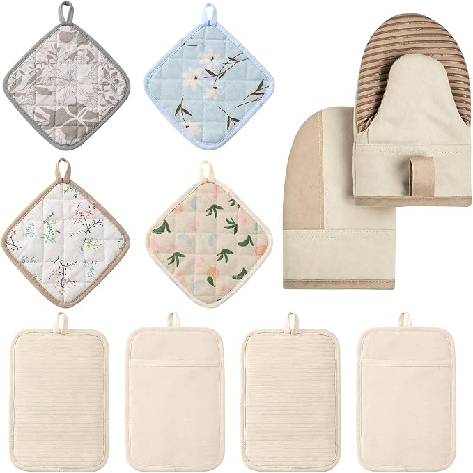 LEEPENK10Piece Pot Holders for Kitchen Heat Resistant,4 Beige Pot Holder with Non-Slip & 4 Japanese Pattern Potholders,Plus 2 Mini Oven Mitts,Hot Pads for Cooking Hot Dishes,Kitchen Aid Pot Holders