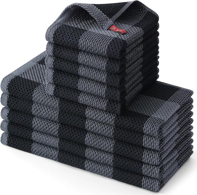 Homaxy Kitchen Towels and Dishcloths Set, Set of 10, Black & Grey | Bulk Cotton Waffle Weave Check Plaid Kitchen Towels, Super Soft and Absorbent Dish Cloths, 12 x 12 and 13 x 28 Inches