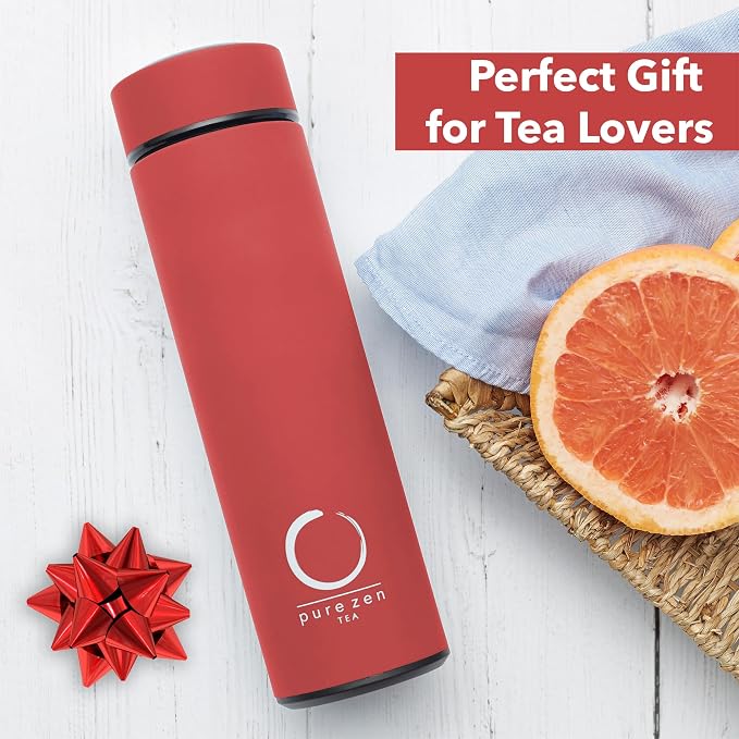 Pure Zen Tea Insulated Tea Infuser Bottle, 15 oz, Tea Thermos with Infuser | Leakproof, Hot and Cold 24 Hrs - for Tea, Coffee and Water, Stainless Steel, Tea Gift Set, Tea Tumbler with Infuser, Blue