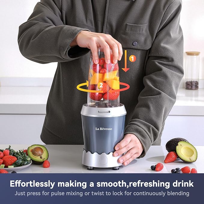 La Reveuse Personal Blender 1000Watts, (1) 24oz To-Go Cup, Gray, LARB2305 | Push to Blend for Frozen Shakes, Smoothies &Food Prep, 6-Leaf Blade, BPA-free Bottle with Portable Spout Lid, Dishwasher Safe