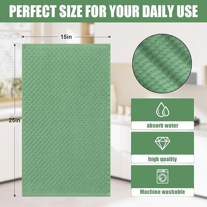 Homaxy 100% Cotton Terry Kitchen Towels(15" x 25", 12 Pack), Grass Green | Soft and Super Absorbent Dish Towels, 380 GSM Reusable Tea Towel with Hanging Loop, Pineapple Grid Designed