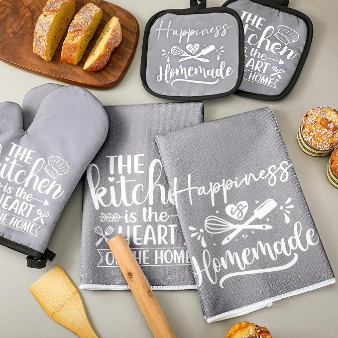 Sratte 6 Pcs Kitchen Decor Accessories Set, Kitchen, Gray | Farmhouse Kitchen Towels Pot Holders Oven Mitts Set 2 Dish Towels 2 Potholders 2 Cooking Mittens for Baking Cooking Supply