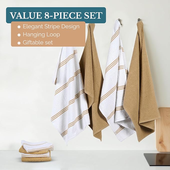 Casa Platino Kitchen Towel Set 8 Pc 4 Dish Towels for Kitchen (16"x26") & 4 Dishcloths (13"x13") - Soft, Absorbent Tea Towels & Quick Drying Dish Rags With Hanging Loops For Drying Cookwares - Beige.