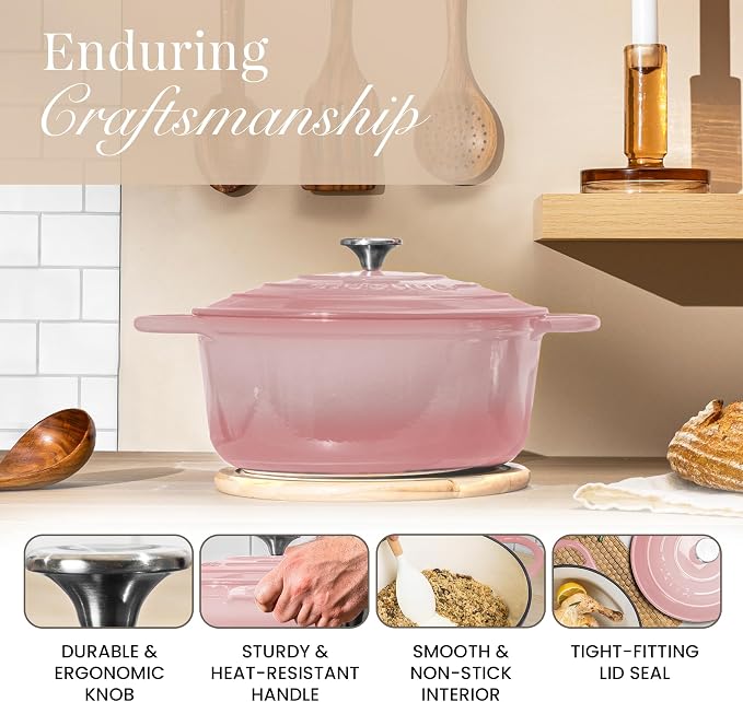 Nuovva Enamelled Cast Iron Dutch Oven Pot with Lid 6.4 Quart Non Stick Casserole Pot-Heavy Duty & Oven Safe up to 500° F for Bread Baking, Braising, Stews, Roasting - 28cm Pink
