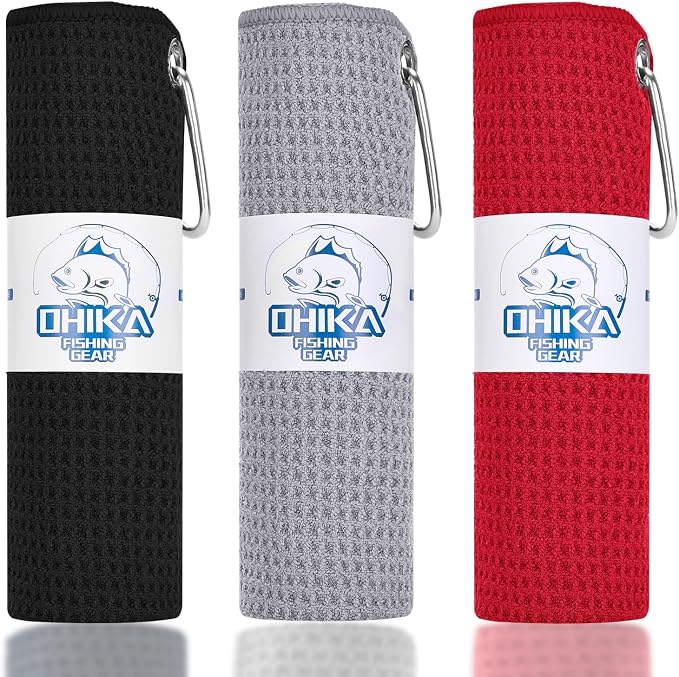 Microfiber Fishing Towels with Clip, Waffle Pattern for Effective Cleaning of Fishing Gears or Dirty Hands, 16” x 16”, Camping Towels, Hiking Towels, Pack of 3 (Black/Grey/Red)
