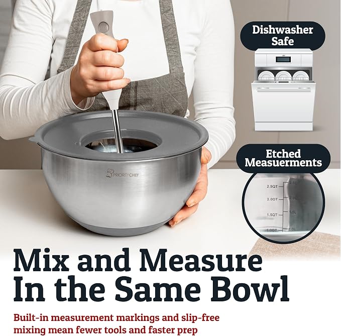 Stainless Steel Mixing Bowls with Lids Set, Metal Nesting Bowls with Airtight Lids, Graters, Non-Slip Base & Measurement Marks, Includes Utensil Set for Prep, Baking & Storage, Grey