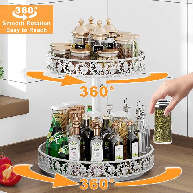 2 Tier Lazy Susan Organizer Turntable, 12 Inch, White | Adjustable, Easy Assembly & Cleaning, Two Tier Rotating Lazy Susan Spice Rack, For Cabinet Dining Table Kitchen Countertop