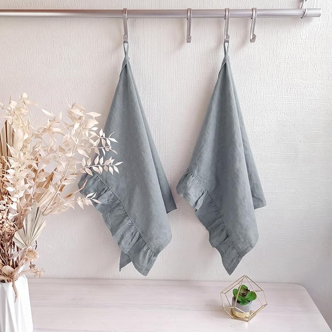 HunnmingRe Dusty Blue Kitchen Towels Set of 2, 100% Cotton Retro Ruffled Dish Towels 18"x28" Absorbent Tea Cloths for Farmhouse Charm, Drying Dishes, Entertaining Guests