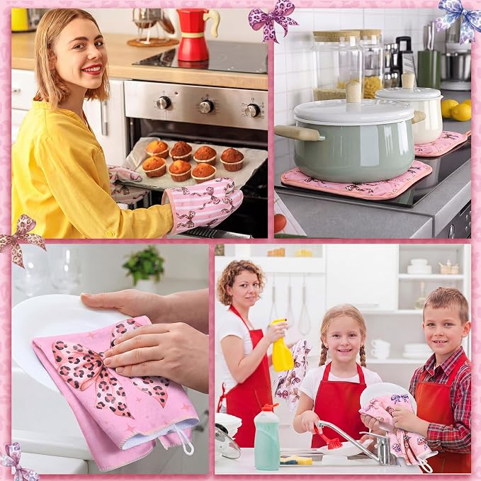 Fourluoo 16 Pcs Pink Leopard Kitchen Decor Set 4 Pink Kitchen Towels 2 Non Slip Rugs and Mats for Floor 2 Oven Mitts Gloves 2 Pot Holders 4 Placemats 2 Curtains for Home Decoration Women Gift