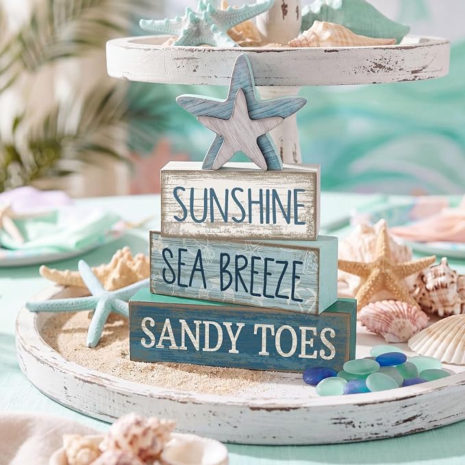 Lineshading 4 Pcs Wooden Starfish Summer Coastal Table Block Signs | Stackable Tiered Tray Decor, Beach Home Accents with Distressed Wood Finish, Nautical Starfish Topper for Coastal Shelves