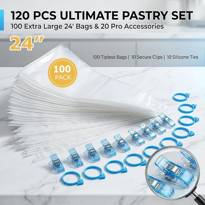 100Pcs Large Piping Bags,24 Inch Big Disposable Pastry Bags with Ties&Clips | Piping Bags,Cake Decorating Bags for Decorating Cupcakes Cakes Cookies