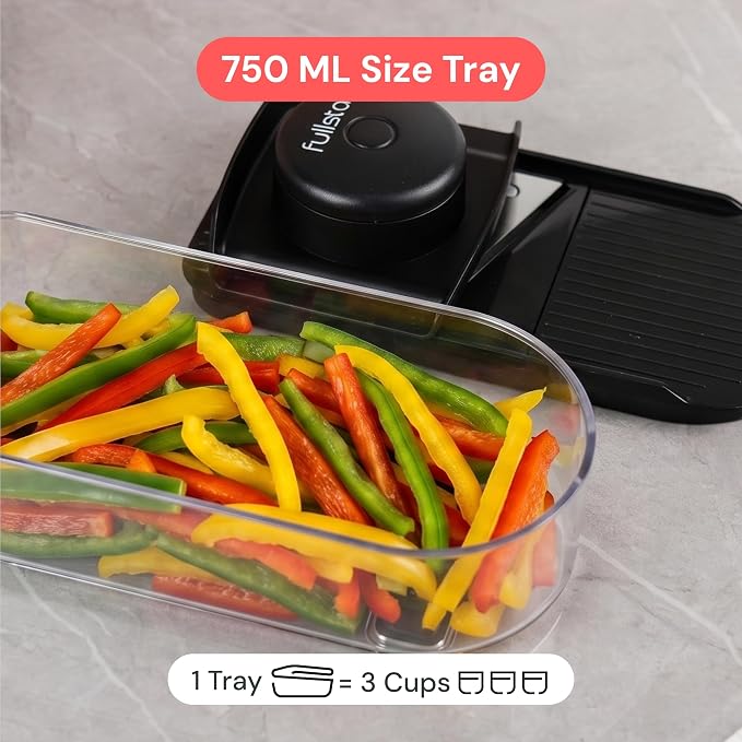 Fullstar Essential Mandoline Vegetable Slicer & Julienne Cutter | 4 in 1 Compact Fruit Cutter, Cucumber Slicer & Cheese Grater, with Stainless Steel Blades, Guard & 3-Cup Container (Black)