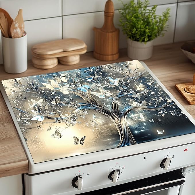 HOMETITUTE Silver Butterfly Tree Stove Top Cover 28x20 Diatomite Decor Mat