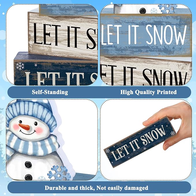 Lineshading 4 Pcs Wooden Snowman Table Decoration, Let It Snow Signs | Rustic Farmhouse Tiered Tray Decor, Christmas Winter Wood Blocks, Tabletop Centerpiece Gift, Snowman Hat Scarf Design