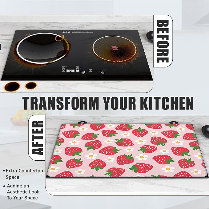 Sweet Strawberry Glass Top Stove Cover Protector,Lovely Flower Stove Top Covers for Electric Stove,Washable Heat Resistant Cooktop Mat Anti-Slip Range Covers, 28 x 20 Inch