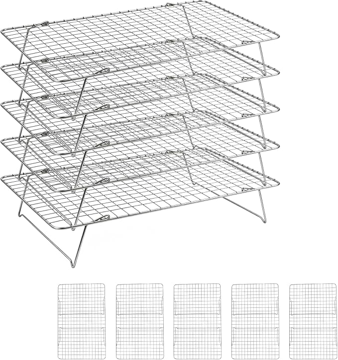 Cooling Rack 16"x10", 5-Tier Stackable & Collapsible Cooling Racks | Cooling Racks for Cooking and Baking, Roasting, Grilling, Oven & Dishwasher Safe (Silver, 5-Tier)
