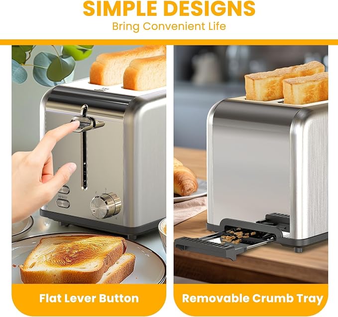 Simple Deluxe 2-Slice Toaster, 6 Browning Setting and 3 Function Stainless Steel Toaster, Extra Wide Slot & Removable Crumb Tray, for Bread & Waffle, Silver