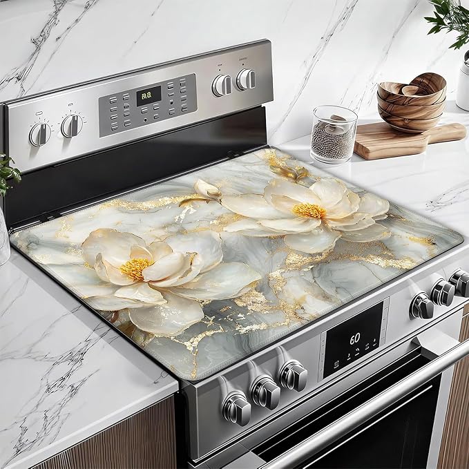 Magnolia flower Stove Top Covers for Electric Stove,Gold Marble Electric Gas Stove Pad Heat Resistant Range Cooktop Protector for Home Decor Kitchen 28"x20"