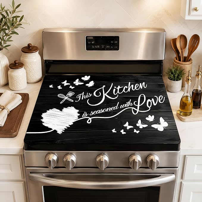Black and White Kitchen Quote Stove Top Cover 28.3 x 20.5 Inch, Heart Butterfly Glass Cooktop Protector Mat, Electric Range Cover for Kitchen Counter Decor (Black wooden planks)