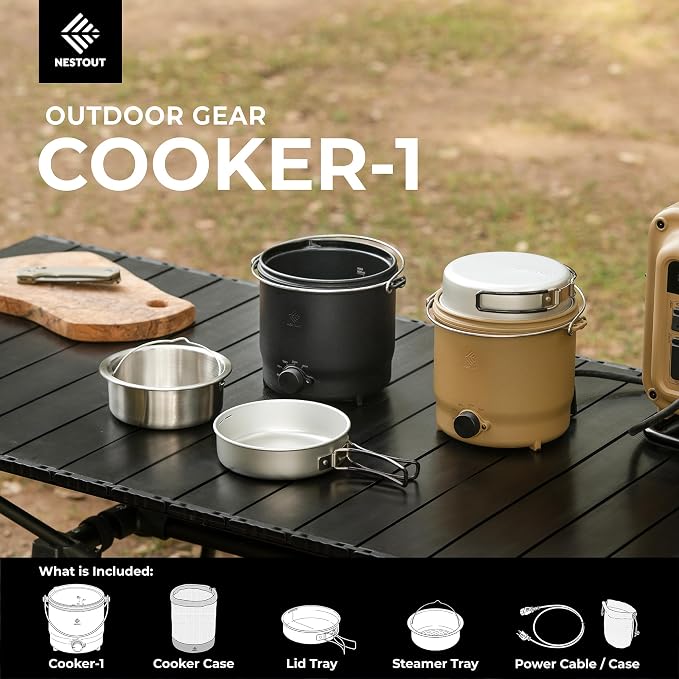 COOKER-1 Electric Cooker 500W Camping Stove, Portable Plug-In for Power Stations, Rice Cooking Mode, 3 Heat Settings, 800ml Capacity, Durable Outdoor Use (Beige)