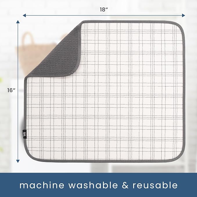 S&T INC. Dish Drying Mat, 16" x 18", Large, Stitched Plaid | Absorbent Microfiber, Kitchen Counter Mat for Dishes, Utensils, Pots and Pans, Machine Washable