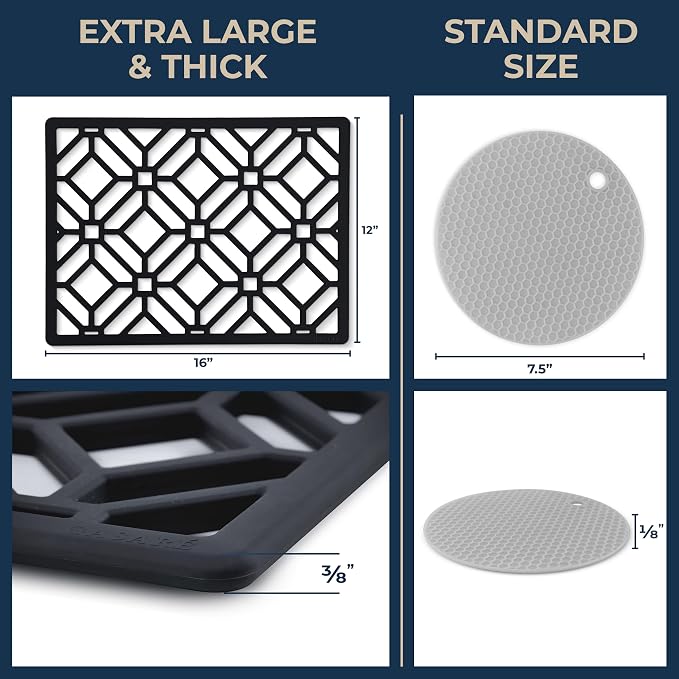 GASARÉ, Extra Large, Thick, Silicone Trivet for Hot Dishes, Pots, and Pans, Heat Resistant Mat for Countertop, Hot Pad for Kitchen, Easy to Clean, 16 x 12 x 3/8 Inches, (Black, Geometric)