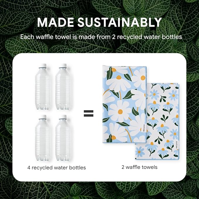 RECYCO Waffle Kitchen Towel Set of 2 - Quick Dry Microfiber Sustainable Dish Towels - Ultra Absorbent Reusable Cleaning Tea Towels - Lightweight Hand Towels,16”x 28”, Daisy Dreams