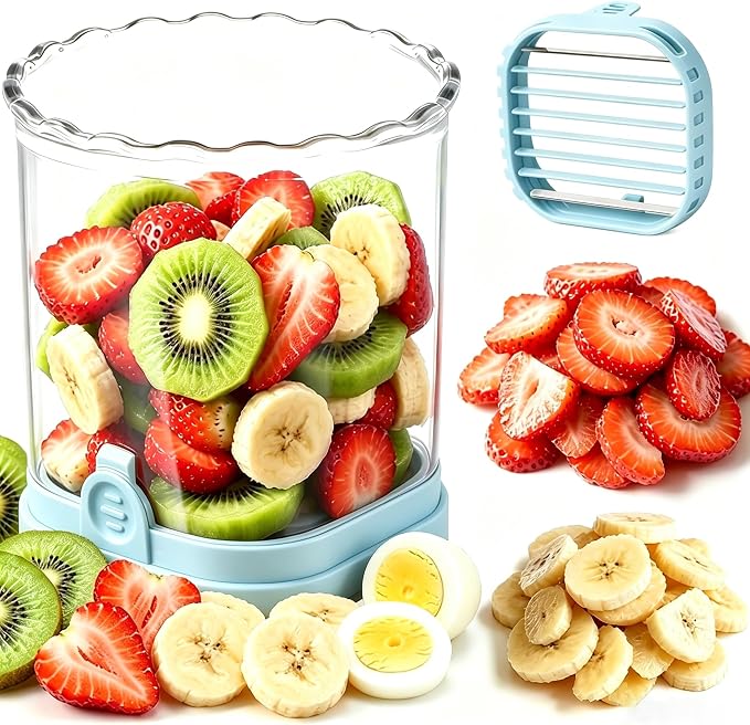 Hendiy Strawberry Slicer with Stainless Steel Blades | Egg & Fruit Slicer Cup for Banana, Cucumber, Mushroom | ABS Detachable Kitchen Gadget - Precision Berry Cutter Tool (Blue, 1-Pack)