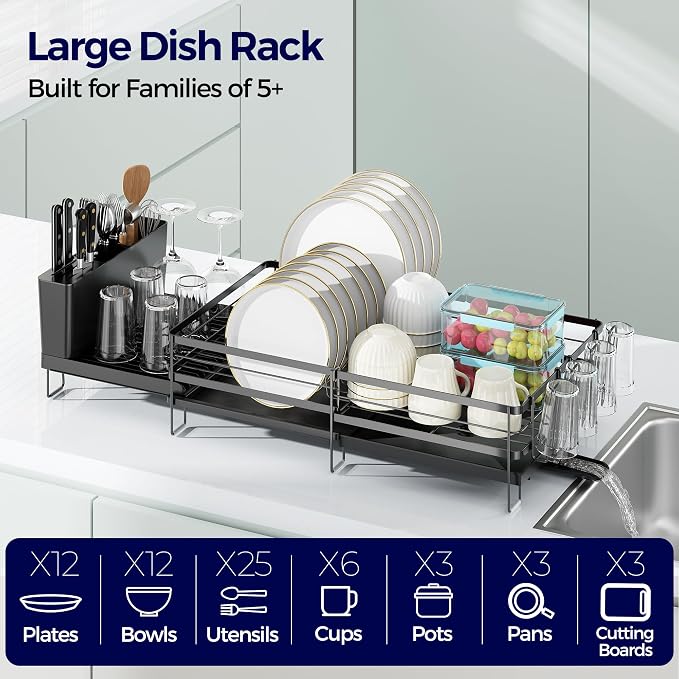 Large Dish Drying Rack, Expandable Dish Rack for Kitchen Counter, Dish Drainer with Drainboard Set, Multifunctional Dishrack with Utensil & Cup Holder, 13.4"-28.7" L x 11.8" W x 7.8" H, Black