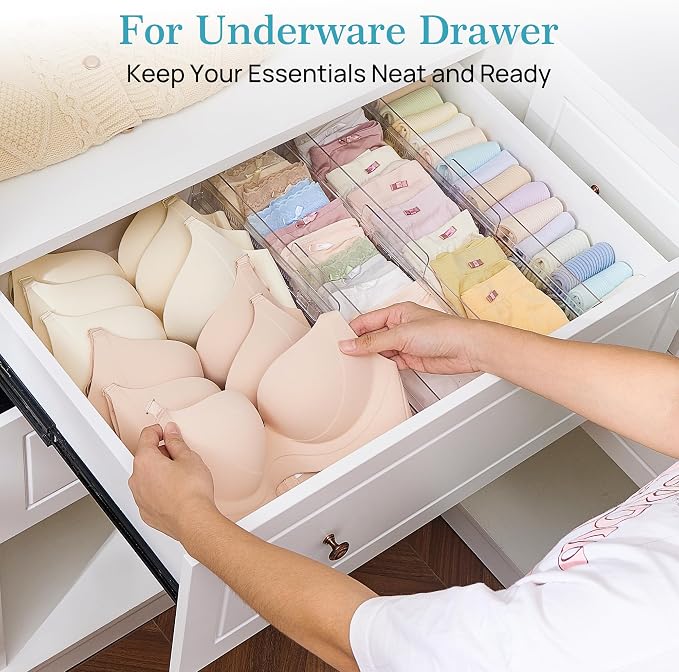 Vtopmart 8 Pack Drawer Dividers for Clothes, 4" High 10.2"-16.5" Adjustable Expandable Dresser Drawer Organizer, Clear Plastic Separators for Dresser, Baby Clothing, Underwear, Cosmetic, Toiletries | Expandable Dresser Drawer Organizer, Clear Plastic S...