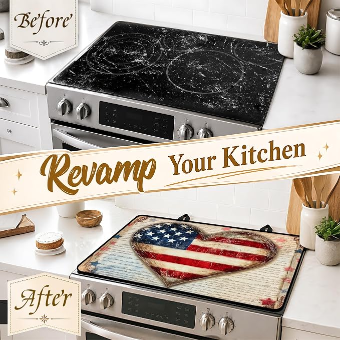 Patriotic Electric Stove Top Cover | Heat Resistant Glass Cooktop Protector for Kitchen Ceramic Countertops, Multiuse Stove Cover and Dish Drying Mat