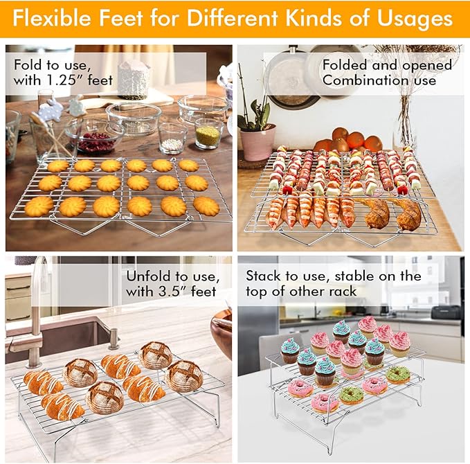 TeamFar Cooling Rack, 4-Tier Stainless Steel Wire Rack | for Baking Roasting, Healthy & Heavy Duty, Dishwasher Safe, Stackable & Collapsible, Firmly Weld & Smooth Surface, 15"x10"