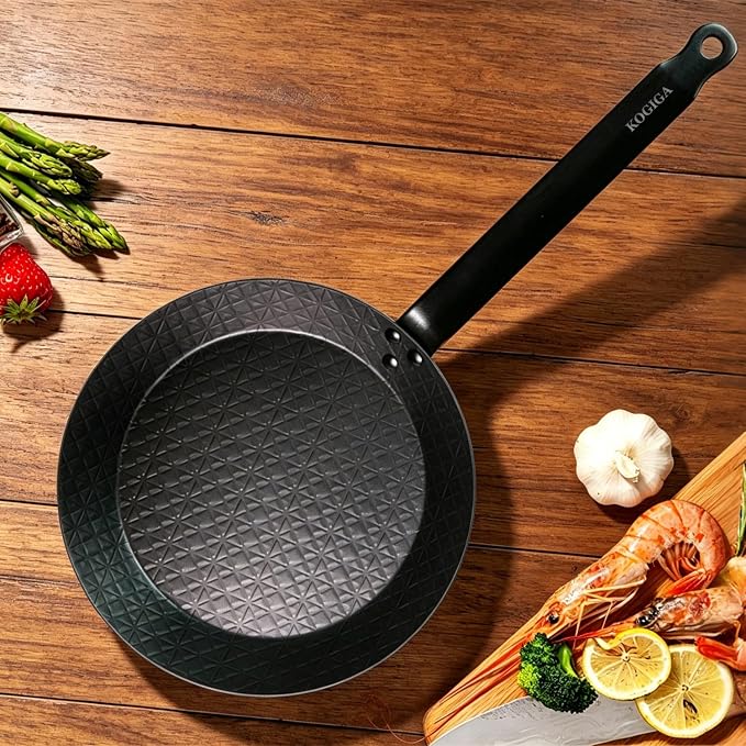 11 Inch Pre-Seasoned Carbon Steel Frying Pan, Naturally Non-Coated Skillet with Grooved Texture for Steak, Stir Fry, Tortilla, Crepe, All Stoves Compatible