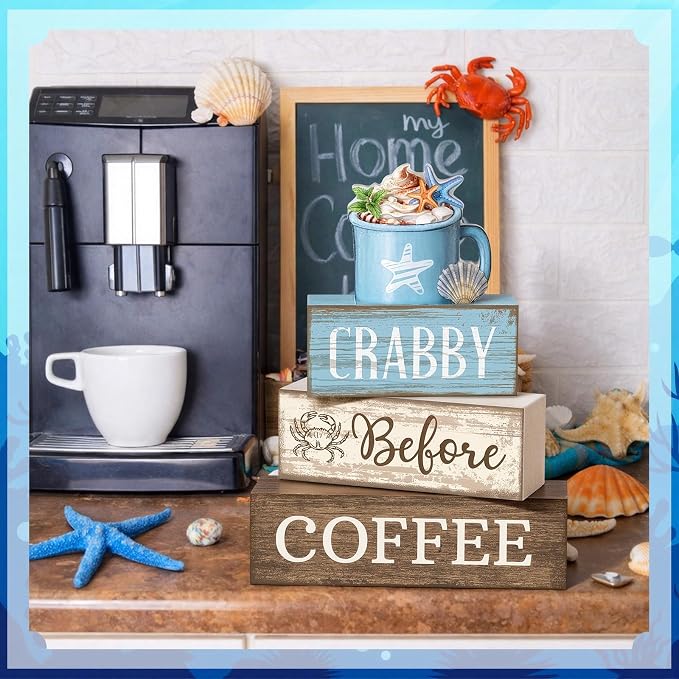 Lineshading 4 Pcs Coffee Beach Decor Wooden Blocks, Coastal Tiered Tray | Stackable Farmhouse Signs, Blue White Summer Decoration, Rustic Wooden Blocks for Coffee Bar, Home Tabletop