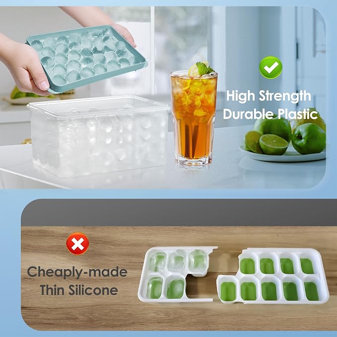 Ice Cube Tray with Lid and Bin, 0.8" Round Ice Trays for Freezer | 2 Blue Ice Cube Trays with Ice Box & Scoop, 0.8" Round Ice Balls for Iced Coffee & Juice, Easy Twist Release, For Gatherings