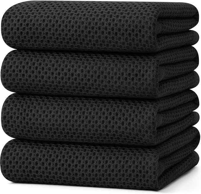 Kitinjoy 100% Cotton Waffle 4-Pack Kitchen Towels, 20" x 28", Black | Super Soft, Ultra-Absorbent, Fast Drying, lightweight, Quick Drying Kitchen Hand Towels
