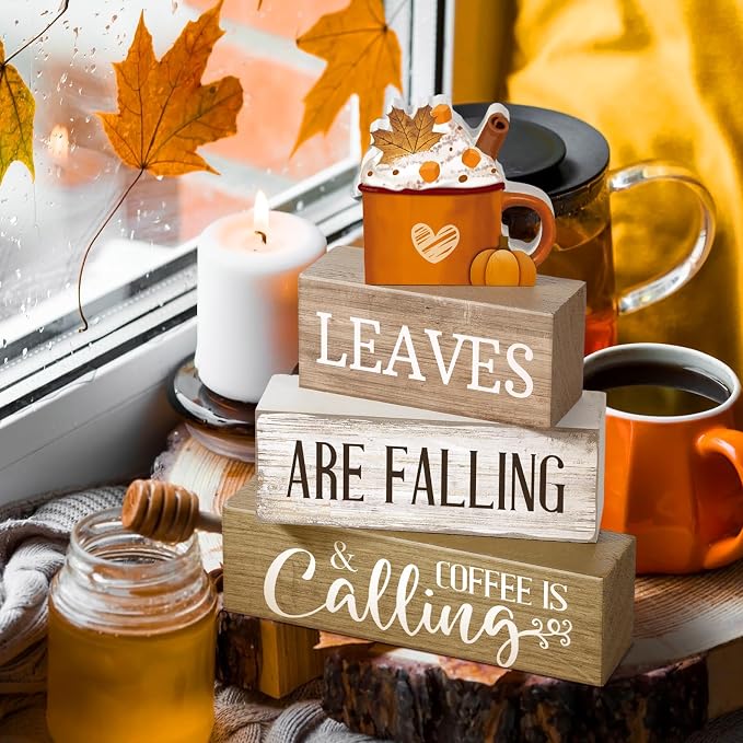 Lineshading 4 Pcs Fall Coffee Table Decor Wooden Pumpkin Latte Block Signs | Rustic Farmhouse Tiered Tray Decor, Thanksgiving Home Decorations, Pumpkin Mug Topper, Fall Coffee Bar Shelf Signs