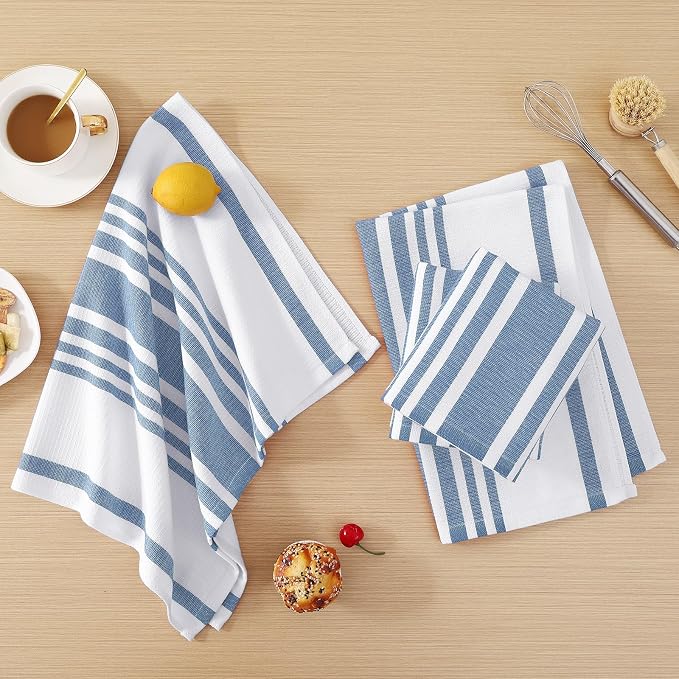 Homaxy Premium Cotton Stripe Kitchen Towels 8 Pack, 18"x 28", Navy Blue | Large 380 GSM Kitchen Hand Towels, Soft Terry Dish Towels, Highly Absorbent Tea Towel Set with Hanging Loop