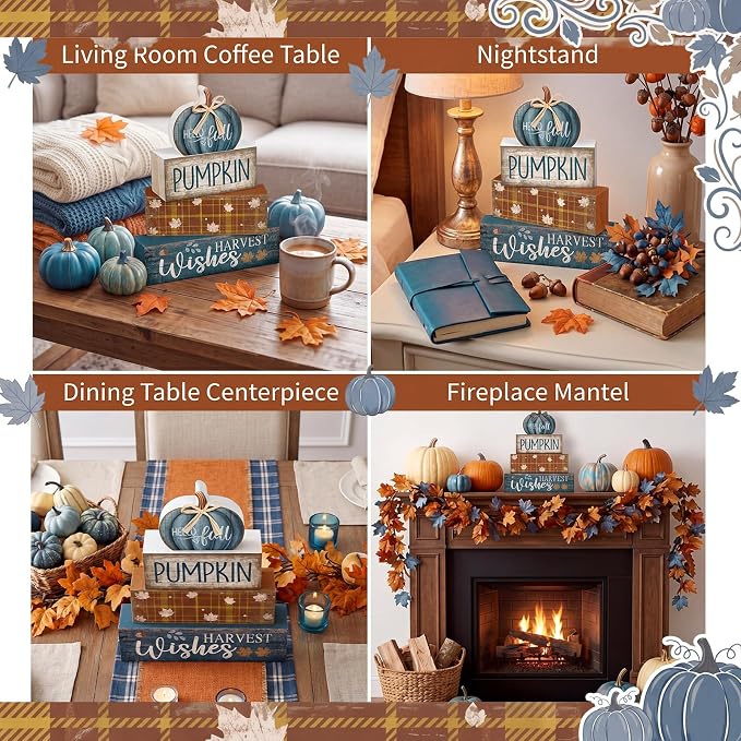 Lineshading 4 Pcs Blue Pumpkin Wooden Block Signs Fall Farmhouse Decor | Tiered Tray Tabletop Centerpiece, Harvest Wishes Thanksgiving Display, Rustic Stacked Signs with Buffalo Plaid Bow Accent